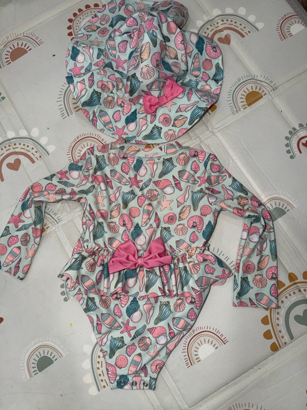 Baby Girls Pink Seashell Long-Sleeve One-Piece Swimsuit with Sun Hat